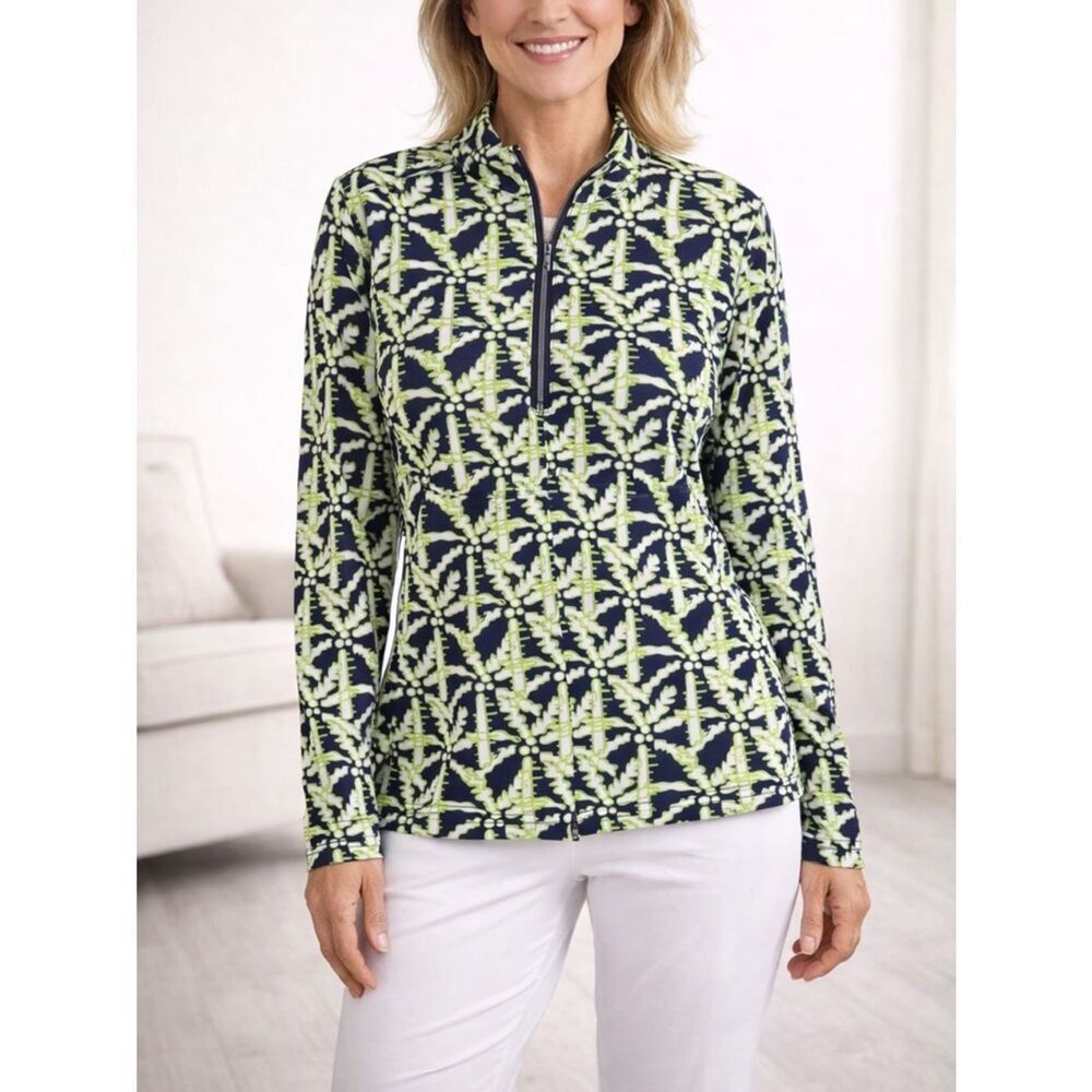 Lulu B Navy Lime Print Zip Pullover Top Golf Tennis Stretch Size M